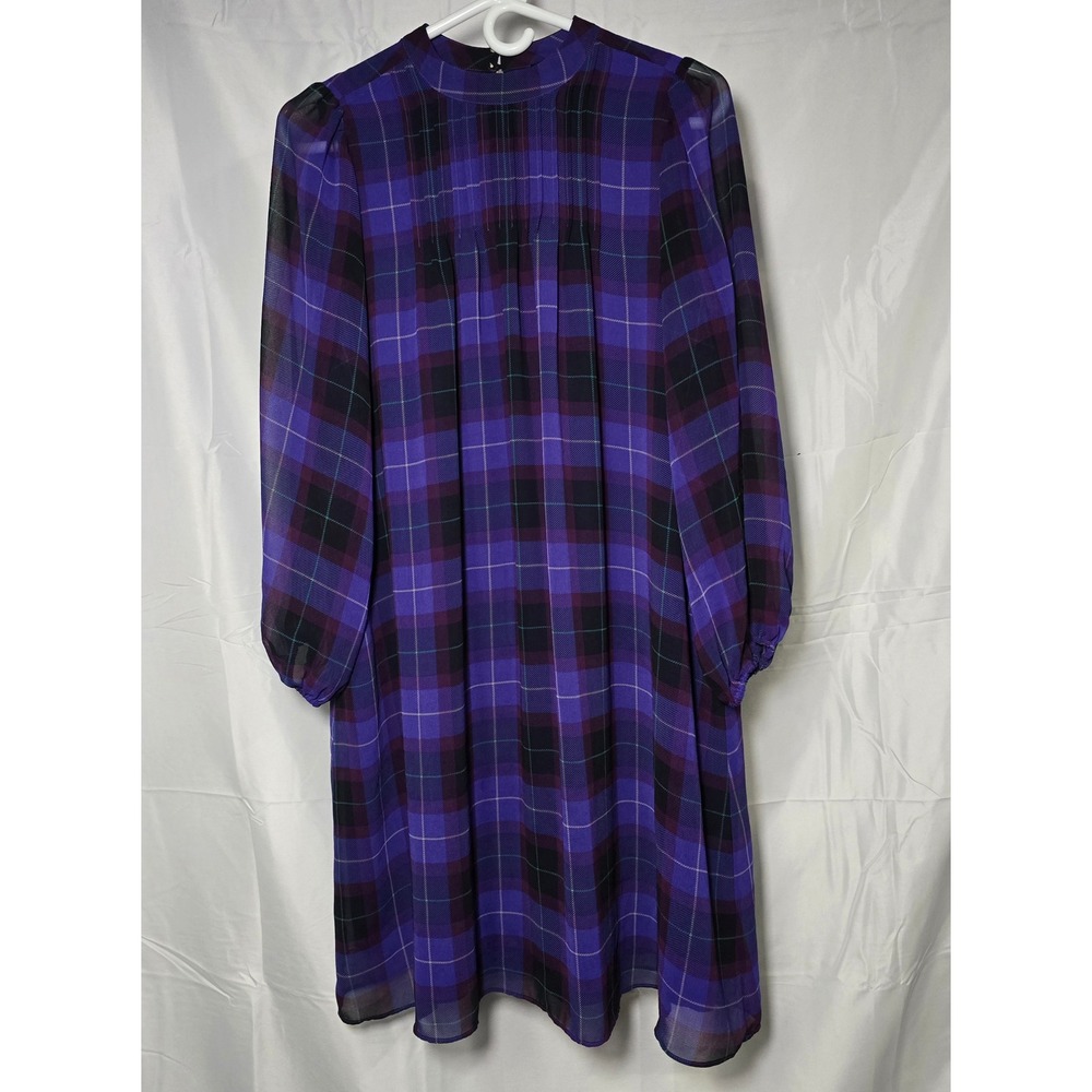 Ann Taylor Purple Plaid Mock Neck Pleated Shift Dress Womens Medium Long Sleeve